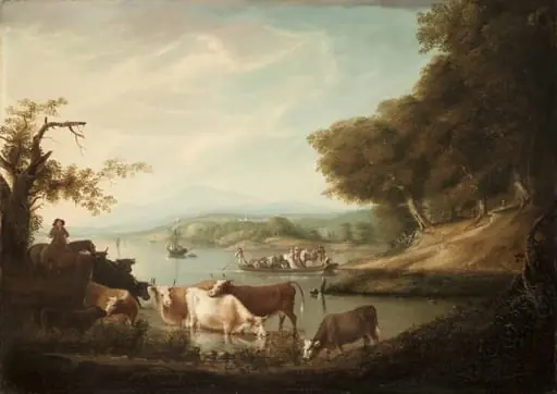 A Calm Watering Place--Extensive and Boundless Scene with Cattle, by Alvan Fisher