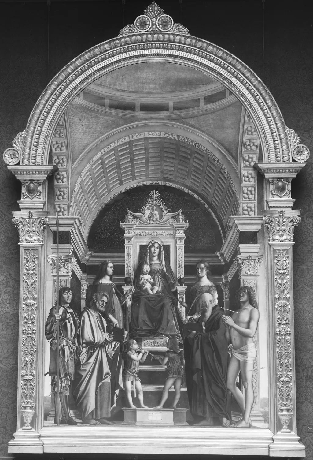 Mary enthroned with the child and six saints, by Alvise Vivarini, paint, 1496