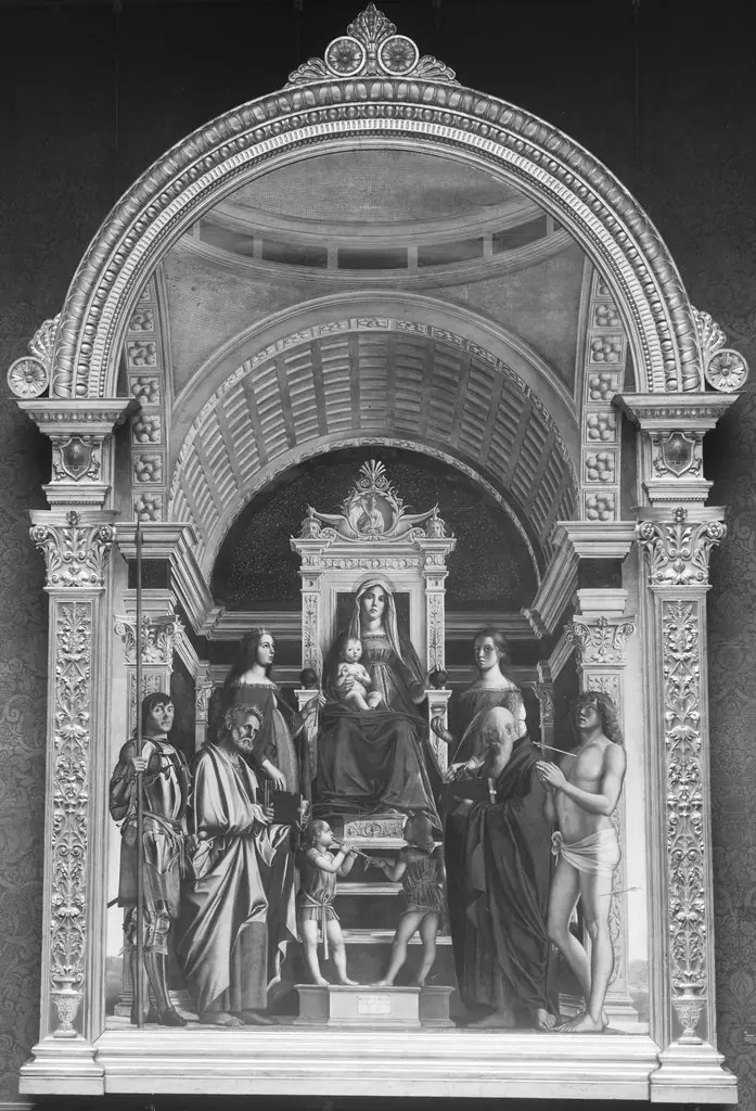 Mary enthroned with the child and six saints, by Alvise Vivarini