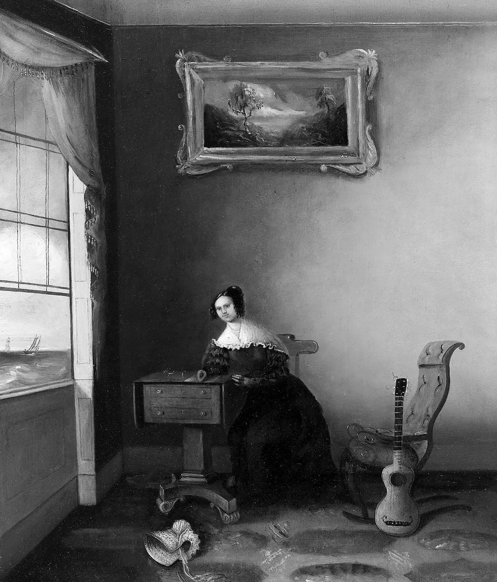 Lady Seated at a Work Table, by Amasa Hewins, unspecified, 1836