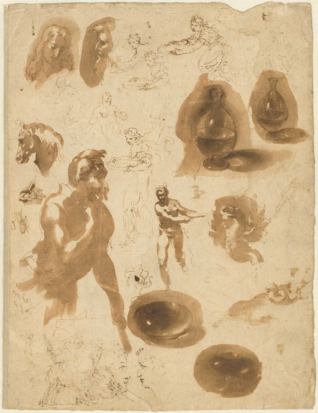 Studies of Glass Jars and Figures (recto), by Ambrogio Figino, ink, 1586