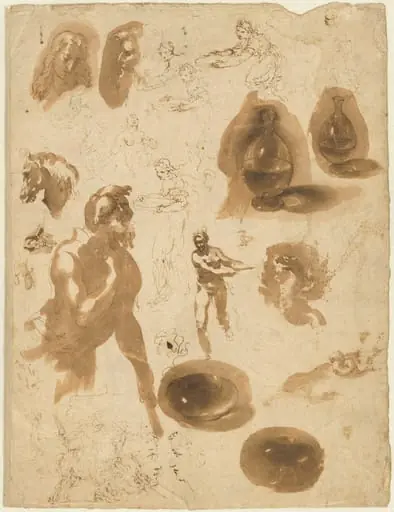 Studies of Glass Jars and Figures (recto), by Ambrogio Figino