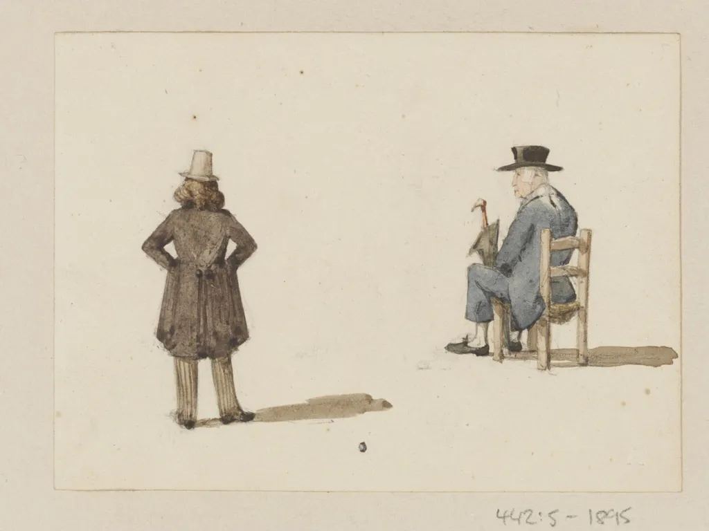A man standing and another seated, by Ambrose Poynter, watercolor, 1835