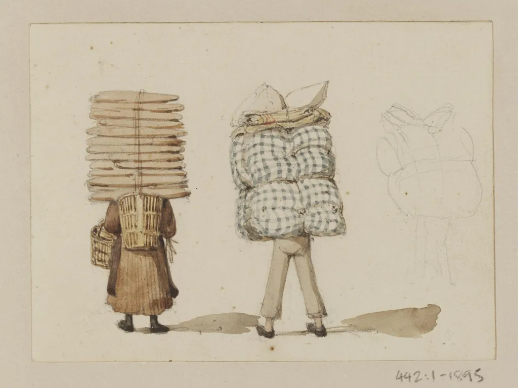 A man with bedding on his back and a woman carrying long loaves, by Ambrose Poynter, watercolor, 1835