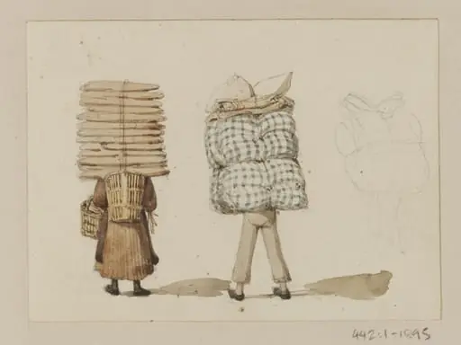A man with bedding on his back and a woman carrying long loaves, by Ambrose Poynter