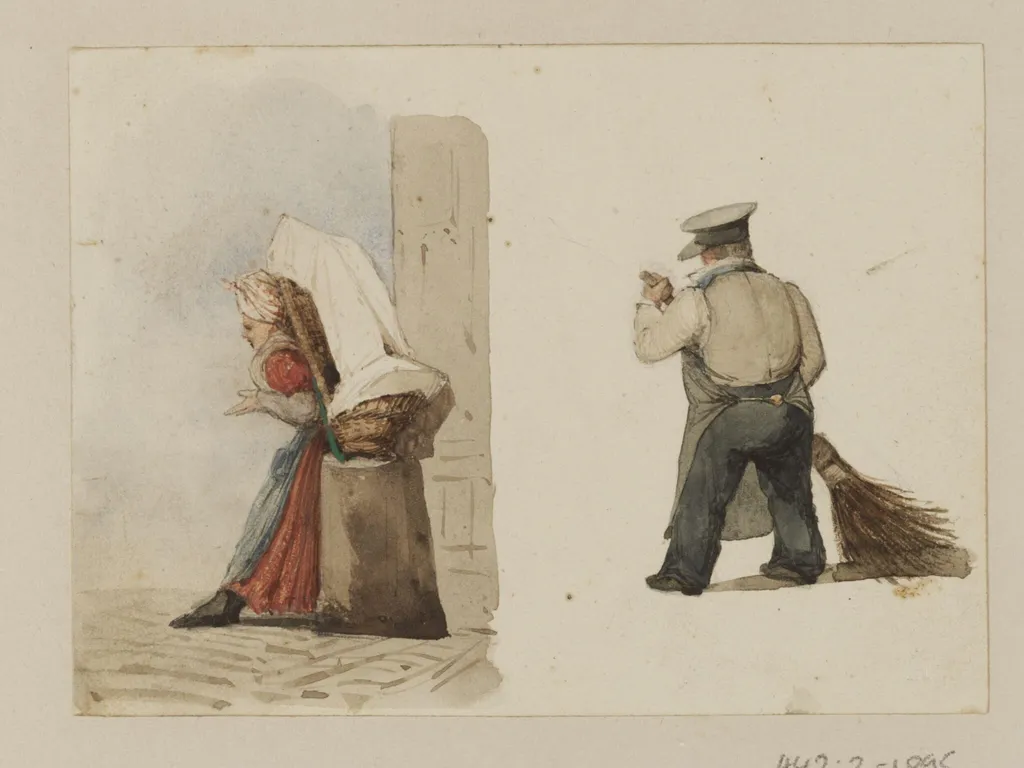 A woman resting a load on a post and a man sweeping, by Ambrose Poynter, watercolor, 1835