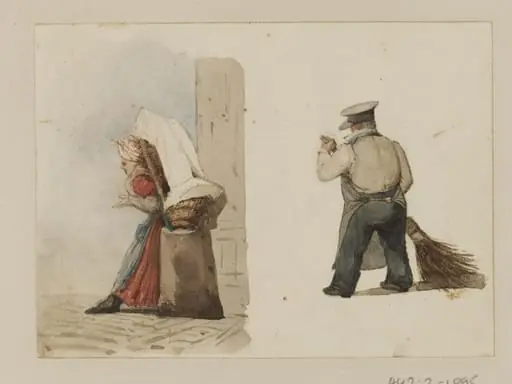 A woman resting a load on a post and a man  sweeping, by Ambrose Poynter