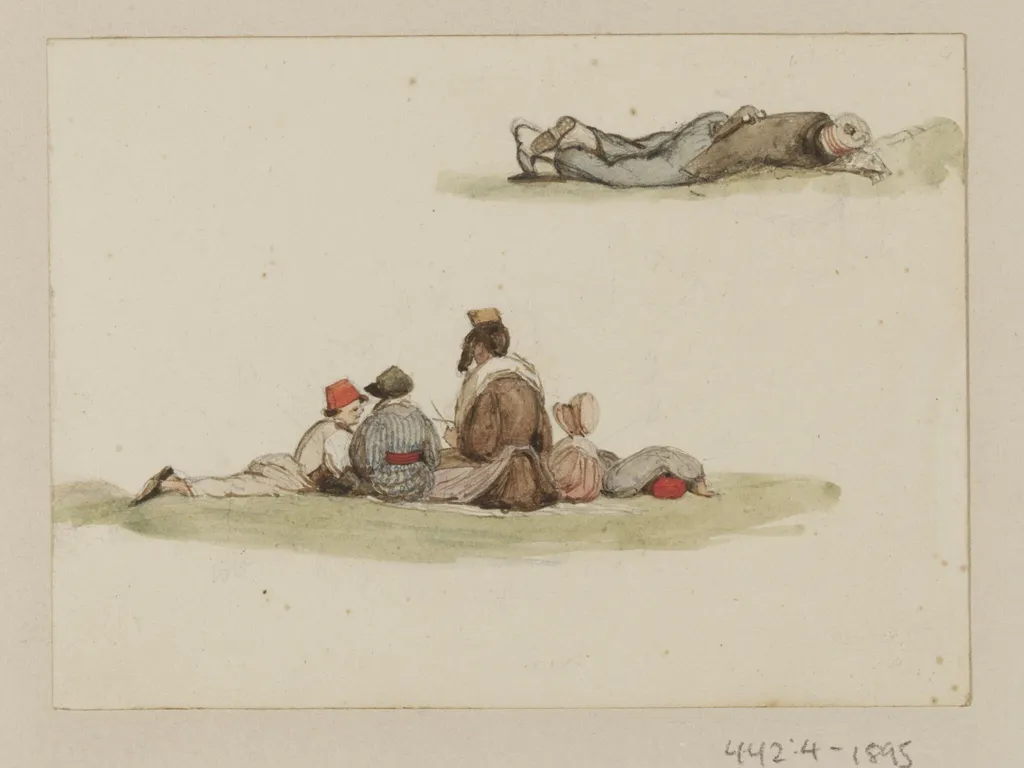 Figures seated and lying on the ground, by Ambrose Poynter, watercolor, 1835