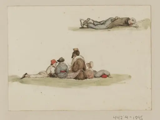 Figures seated and lying on the ground, by Ambrose Poynter