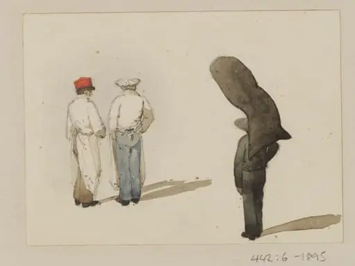 Three men standing, one with a load, by Ambrose Poynter