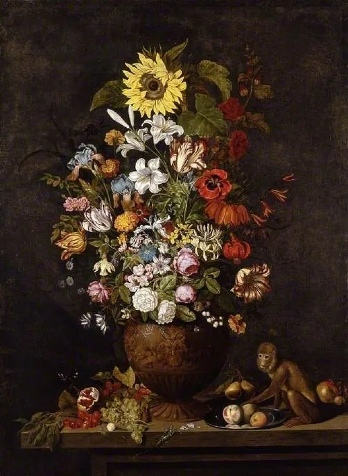 A vase of flowers with a monkey, by Ambrosius Bosschaert II, oil, 1637