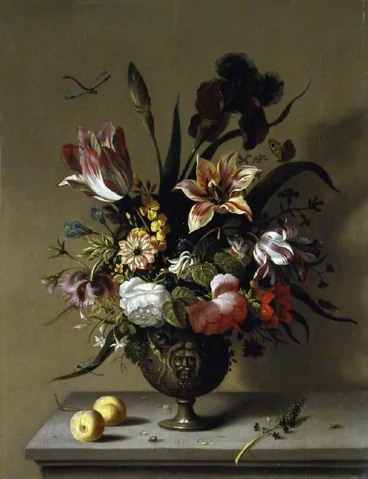 Metal vase of flowers, by Ambrosius Bosschaert II, oil, 1635