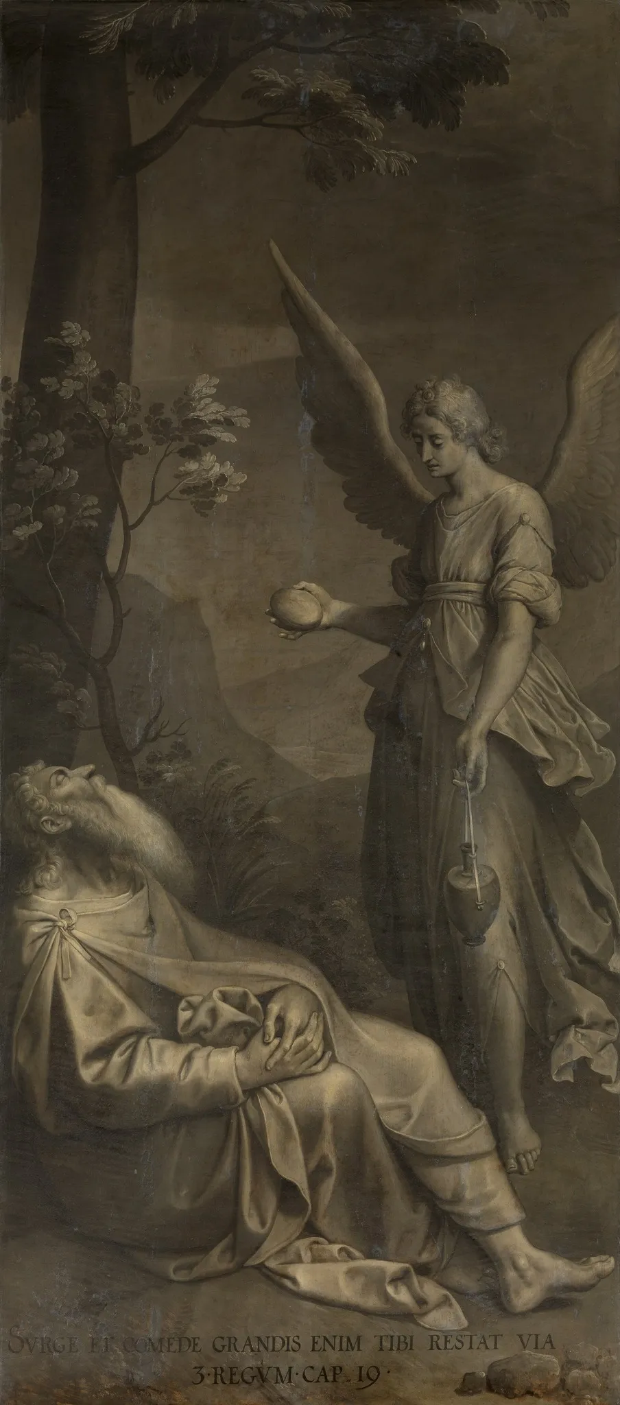 The prophet Elijah awakened by the angel on Mount Horeb (I Kings 19:5-6), by Ambrosius Francken I, oil, 1598