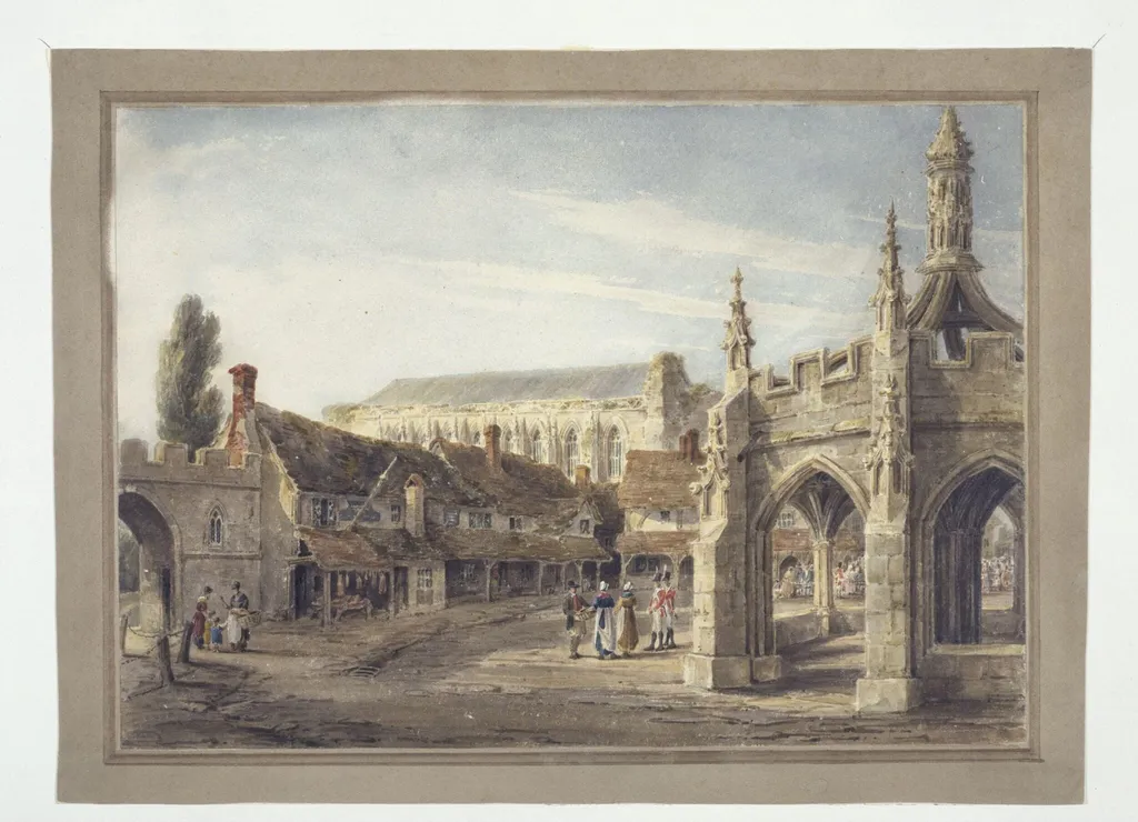 The Market Cross and Abbey Church, Malmesbury, by Amelia Long, watercolor, 1780