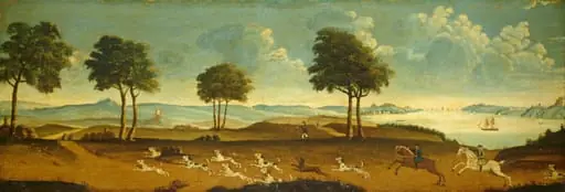 Hunting Scene with a Harbor, by American 18th Century, 1750