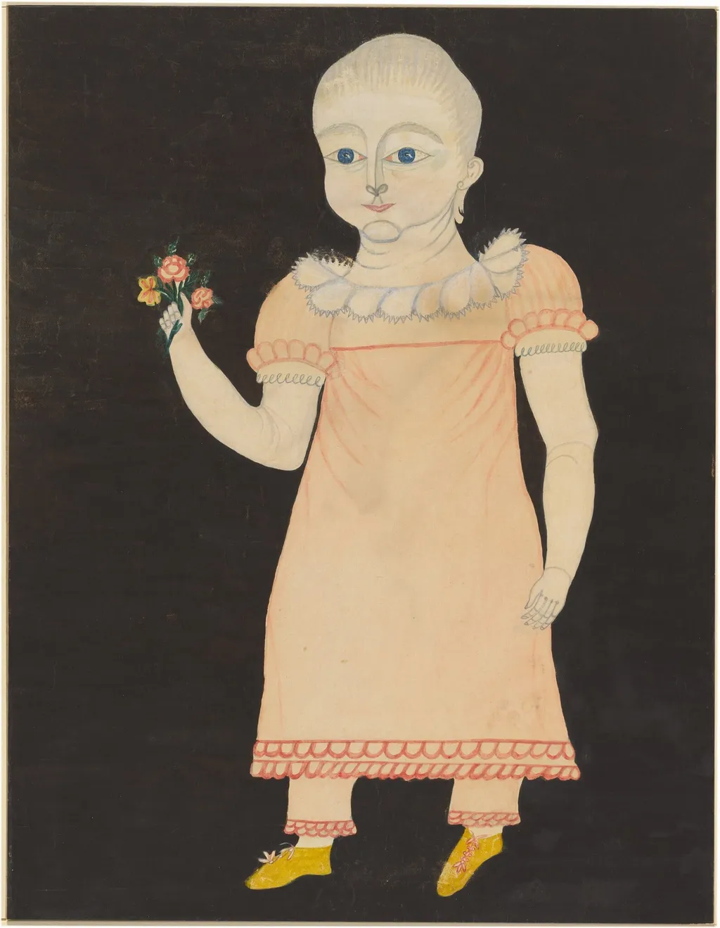Baby in Pink Dress with Roses, by American 19th Century, watercolor, 1820