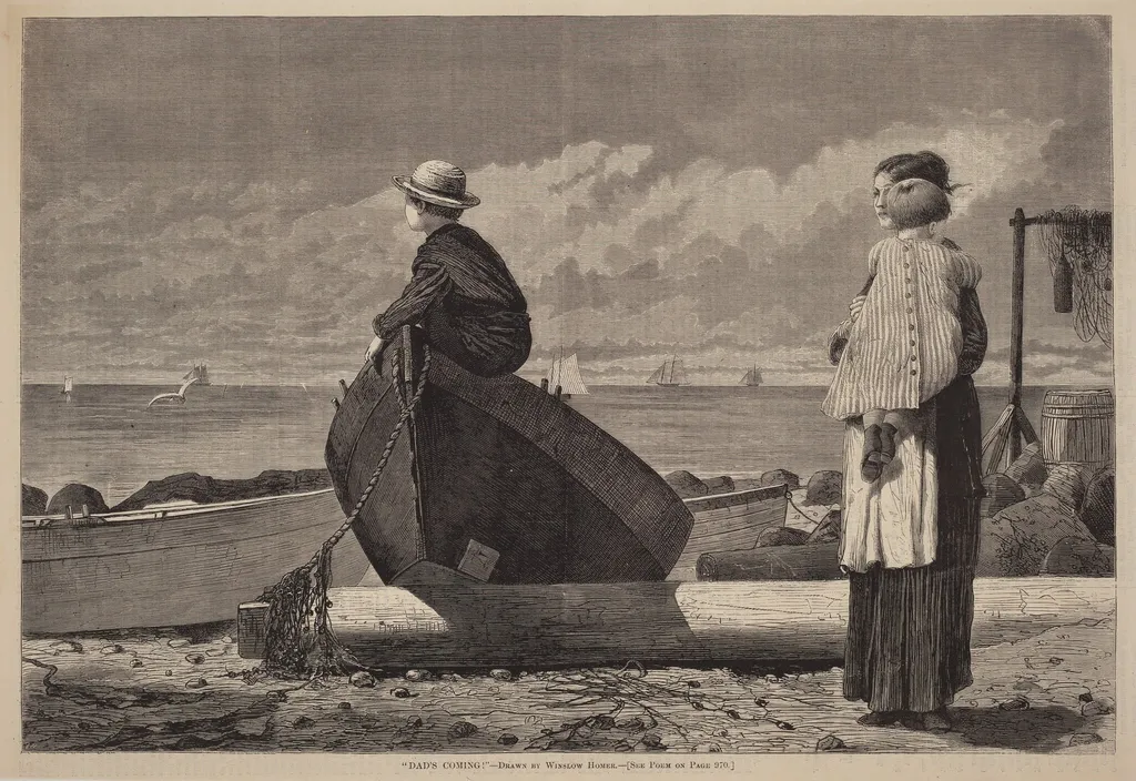 "Dad's Coming!", by American 19th Century, ink, 1873