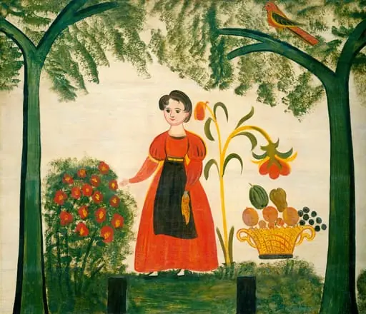 Girl in Red with Flowers and a Distelfink, by American 19th Century, 1830
