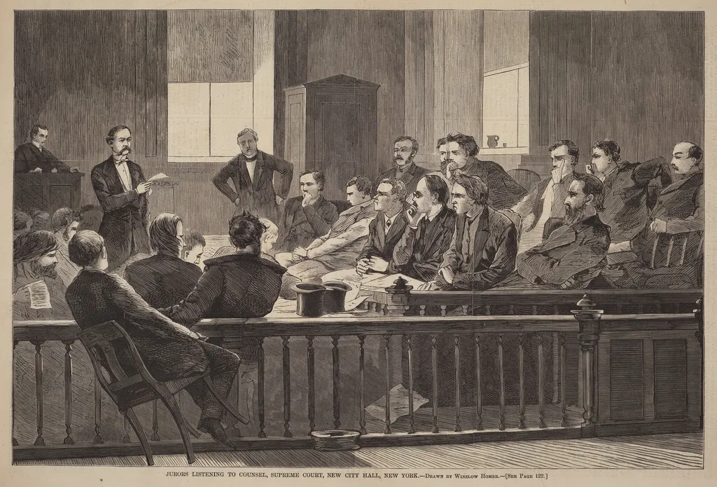 Jurors Listening to Counsel, Supreme Court, New City Hall, New York, by American 19th Century, ink, 1869