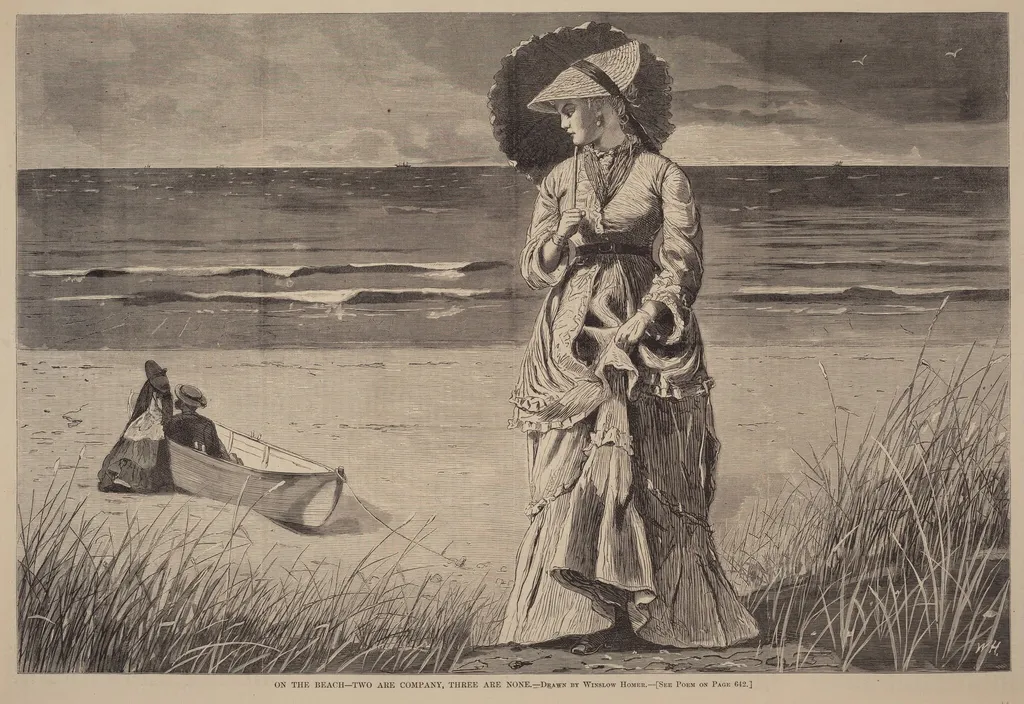 On the Beach - Two are Company, Three are None, by American 19th Century, ink, 1872