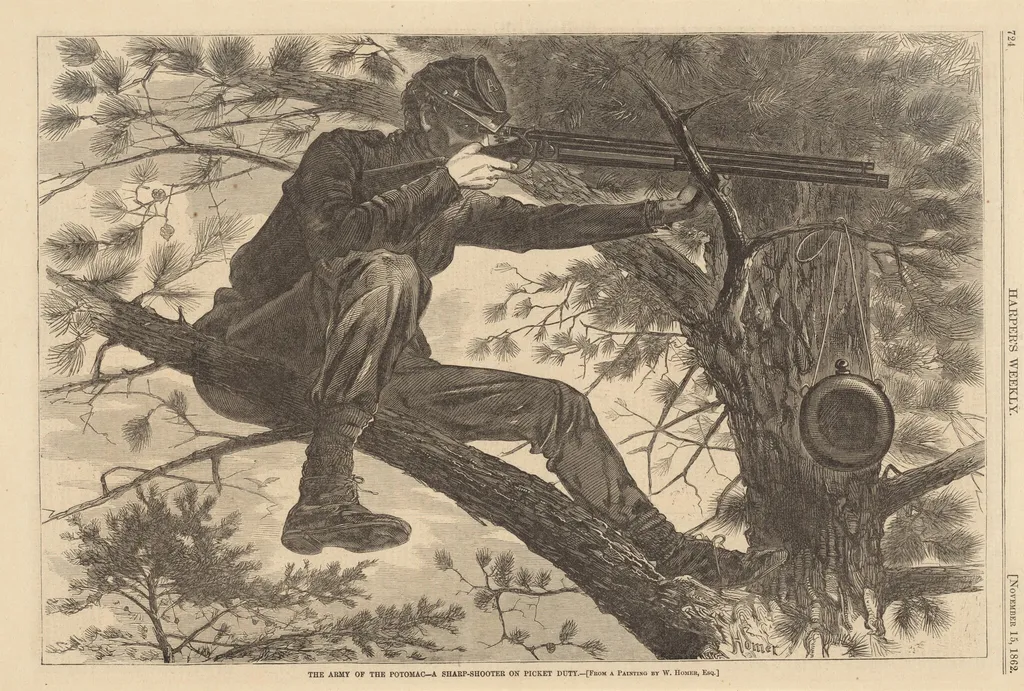 The Army of the Potomac - A Sharp-Shooter on Picket Duty, by American 19th Century, ink, 1862