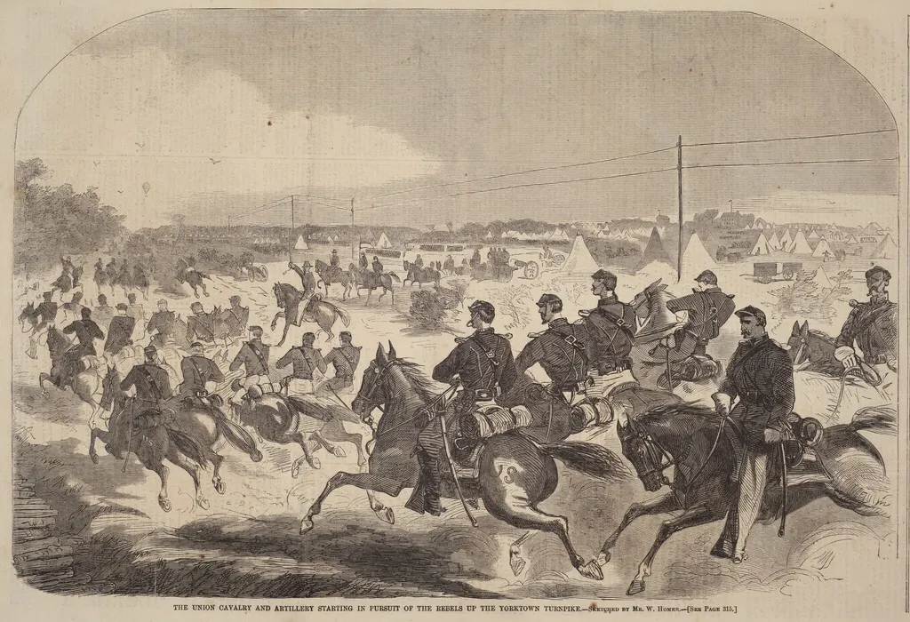 The Union Cavalry and Artillery Starting in Pursuit of the Rebels up the Yorktown Turnpike, by American 19th Century, ink, 1862