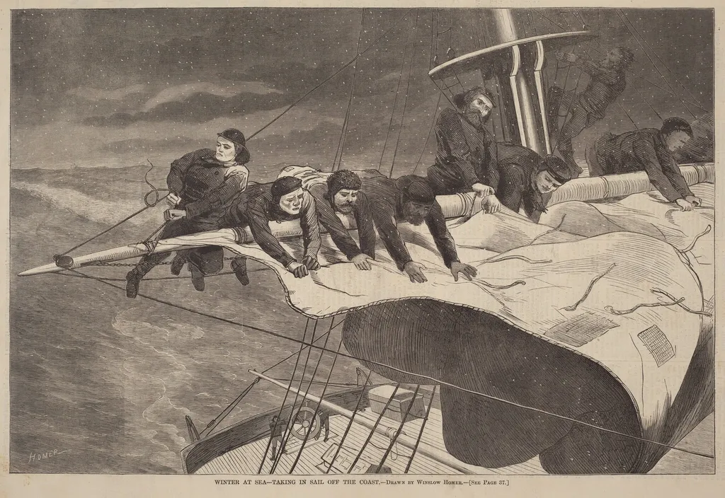 Winter at Sea - Taking in Sail Off the Coast, by American 19th Century, ink, 1869