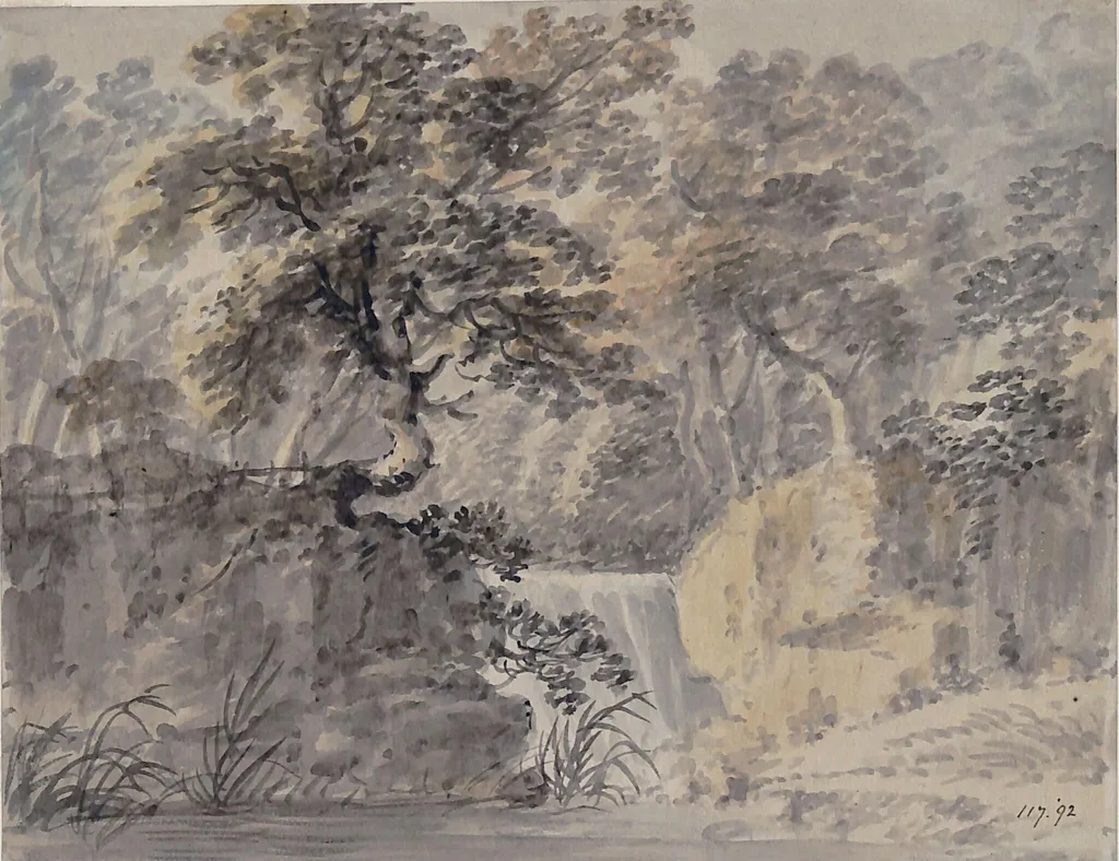 Waterfall in a wood, by Amos Green, watercolor, 1755