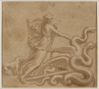 An allegorical figure on a char
