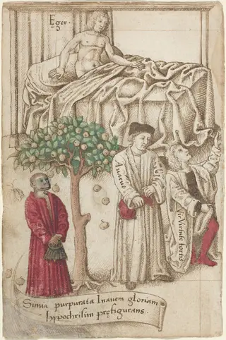 An Ape in Purple with a Sick Man, a Good Man, and a Miser [fol. 36 verso]
