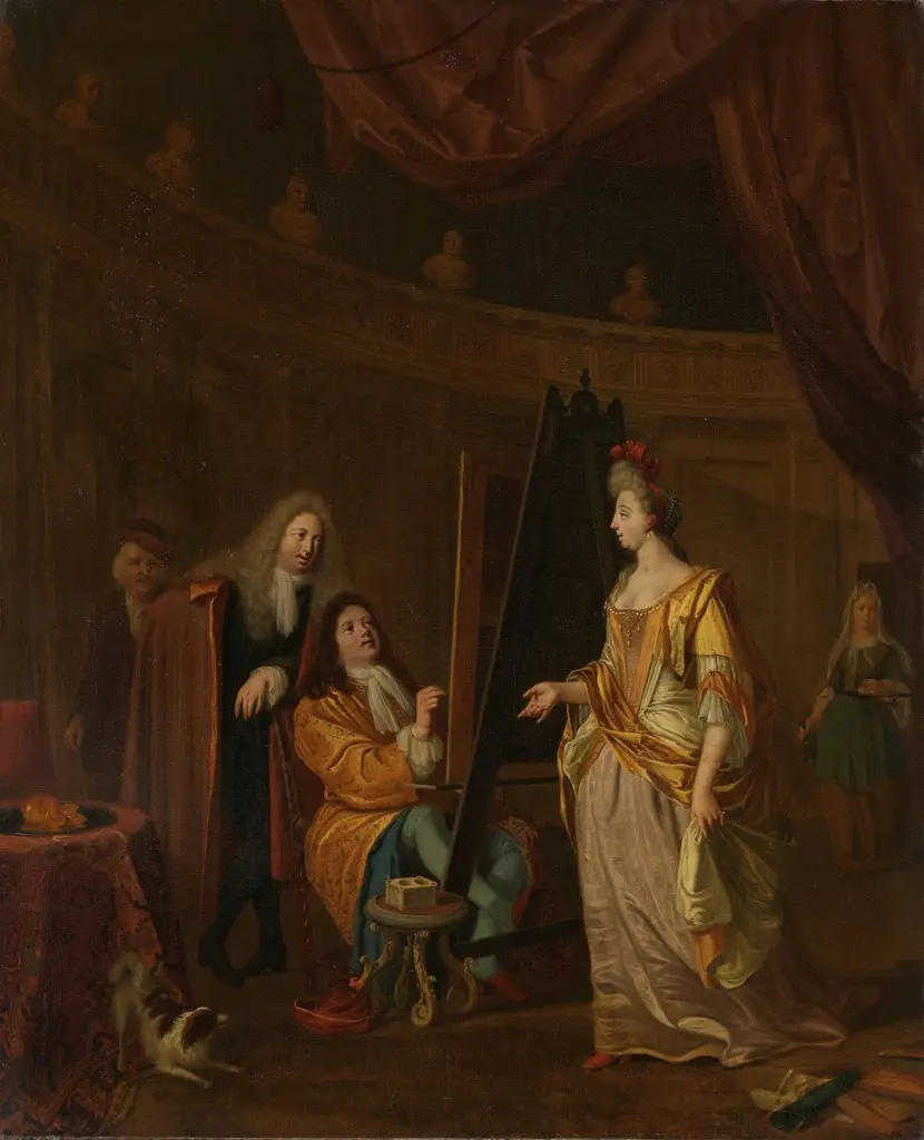 An artist in his studio, painting the portrait of a lady