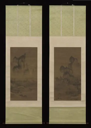 해질녘 산사의 종소리 조선|煙寺暮鍾圖 朝鮮|Evening bell from mist-shrouded temple (left); Autumn moon over Lake Dongting (right), by An Gyeon, 1450