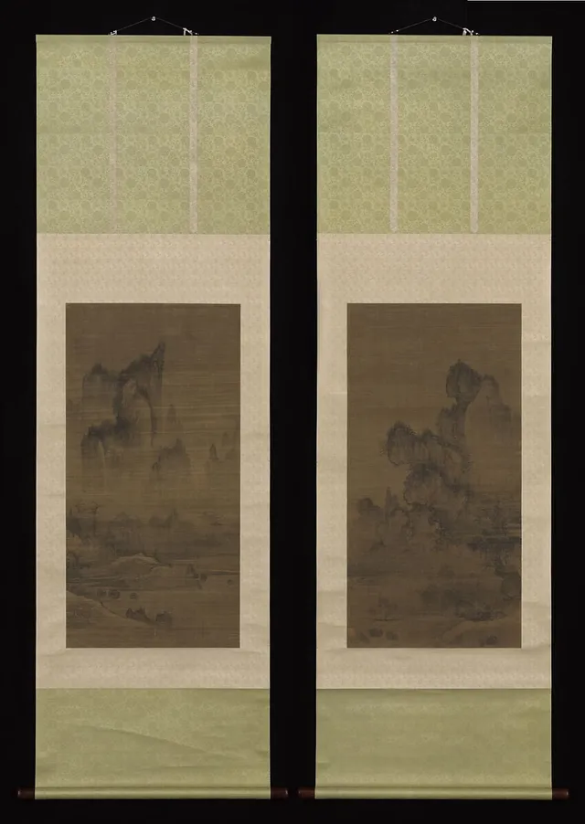 해질녘 산사의 종소리 조선|煙寺暮鍾圖 朝鮮|Evening bell from mist-shrouded temple (left); Autumn moon over Lake Dongting (right)