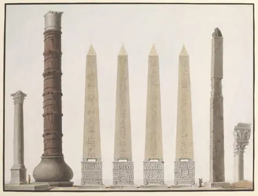 An illustration showing the ancient columns and the Egyptian oblelisk