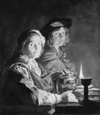 An Old Woman and a Youth by Lamplight