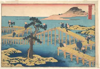 諸國名橋奇覧　三河の八ツ橋の古図|Ancient View of Yatsuhashi in Mikawa Province (Mikawa no Yatsuhashi no kozu), from the series Remarkable Views of Bridges in Various Provinces (Shokoku meikyō kiran), by Katsushika Hokusai