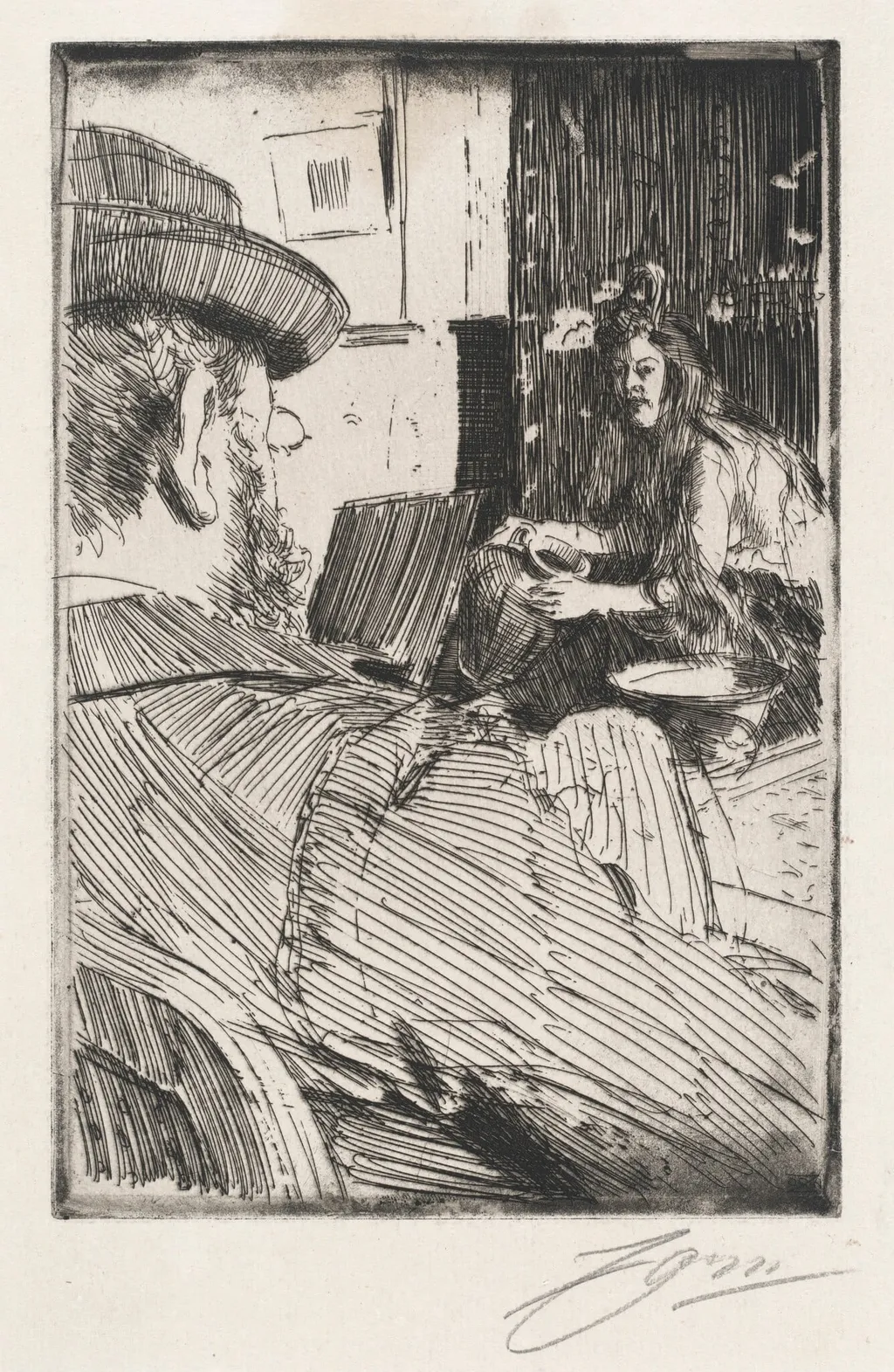 Albert Besnard and His Model, by Anders Zorn, ink, 1896