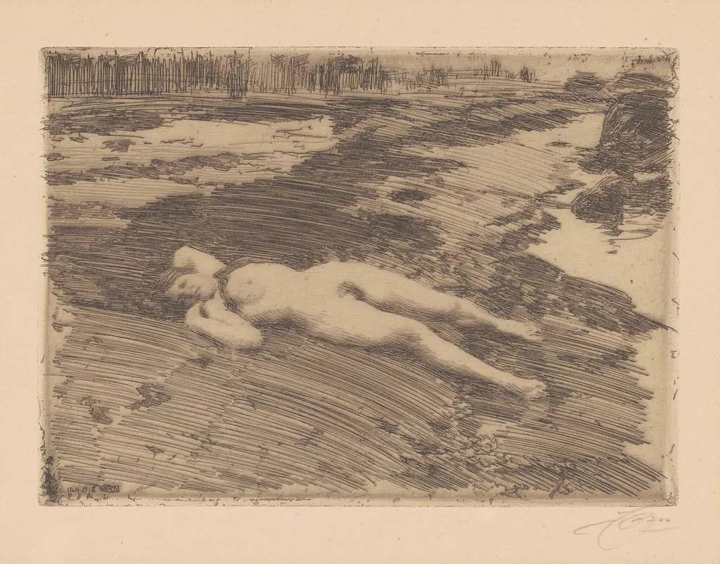 On the Sands, by Anders Zorn, ink, 1916