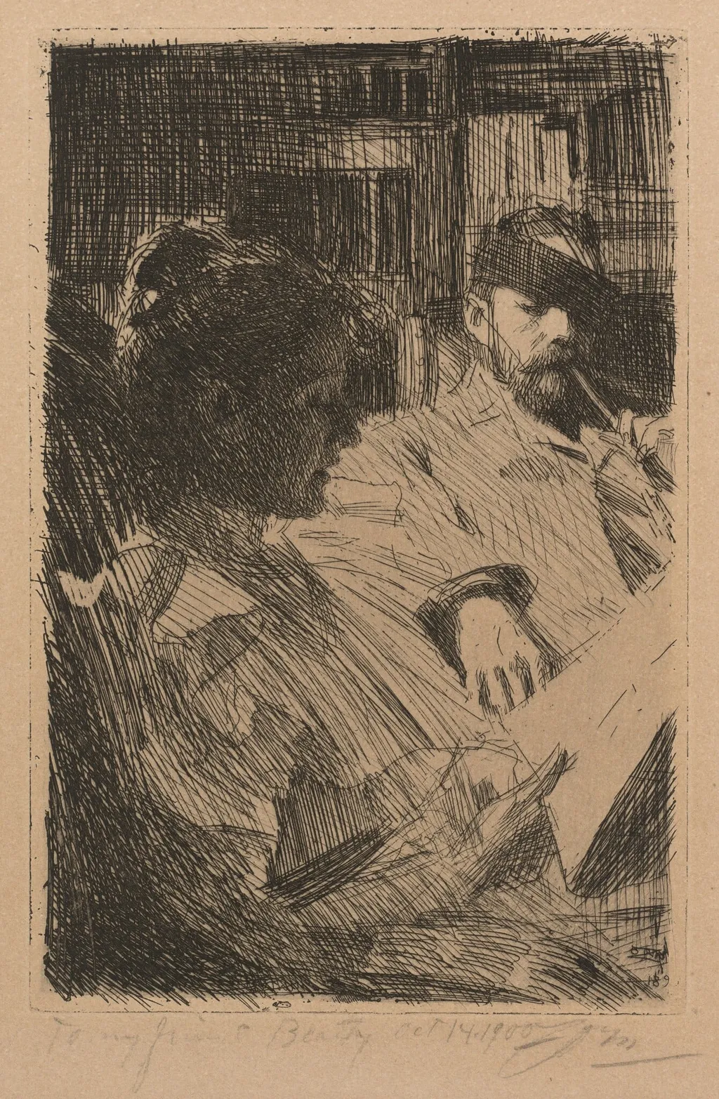 Reading (Mr. and Mrs. Ch. Deering), by Anders Zorn, ink, 1893