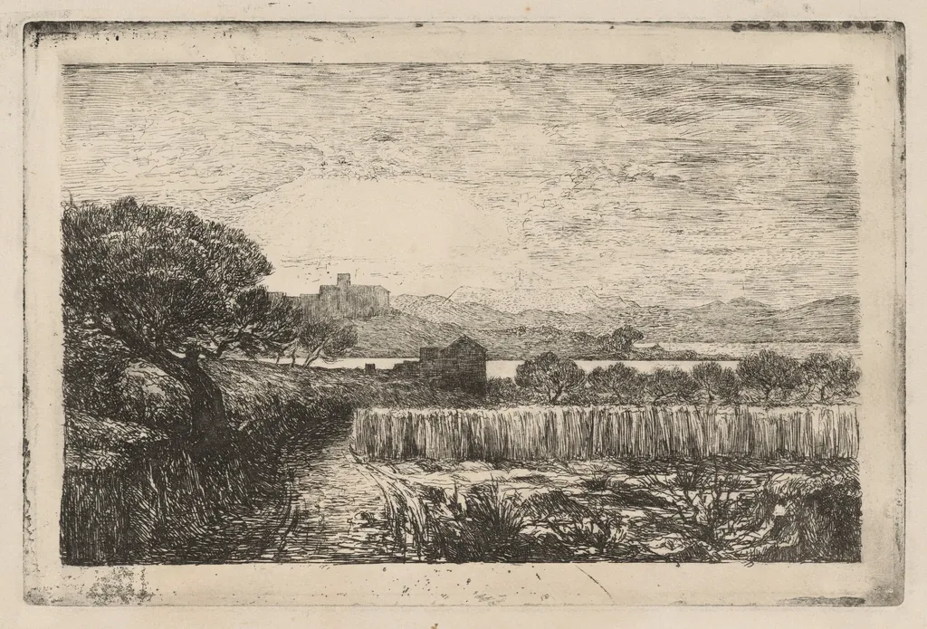 Village Overlooking a Bay, by André-Marie-Paul Borel, ink, 1881