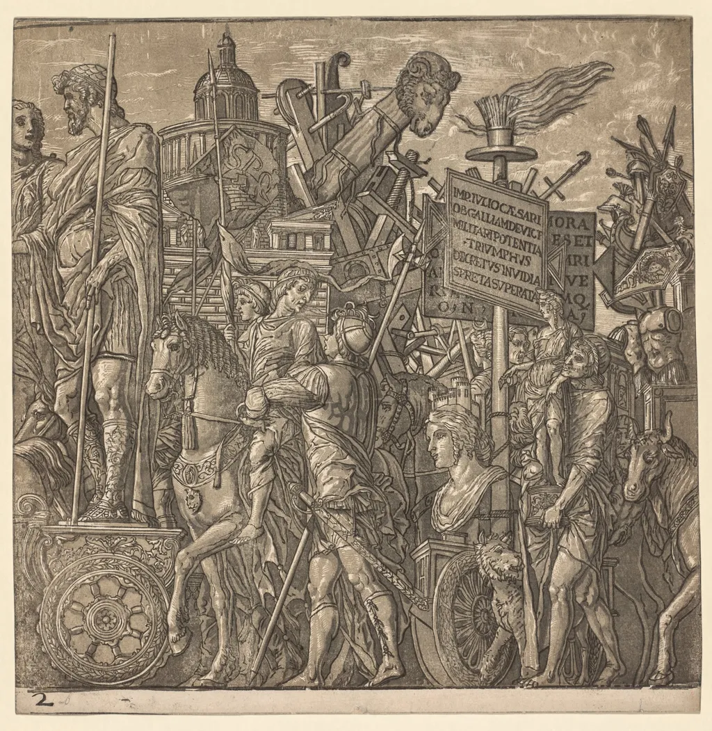 The Triumph of Julius Caesar: Colossal Statues and Siege Equipment, by Andrea Andreani, 1596