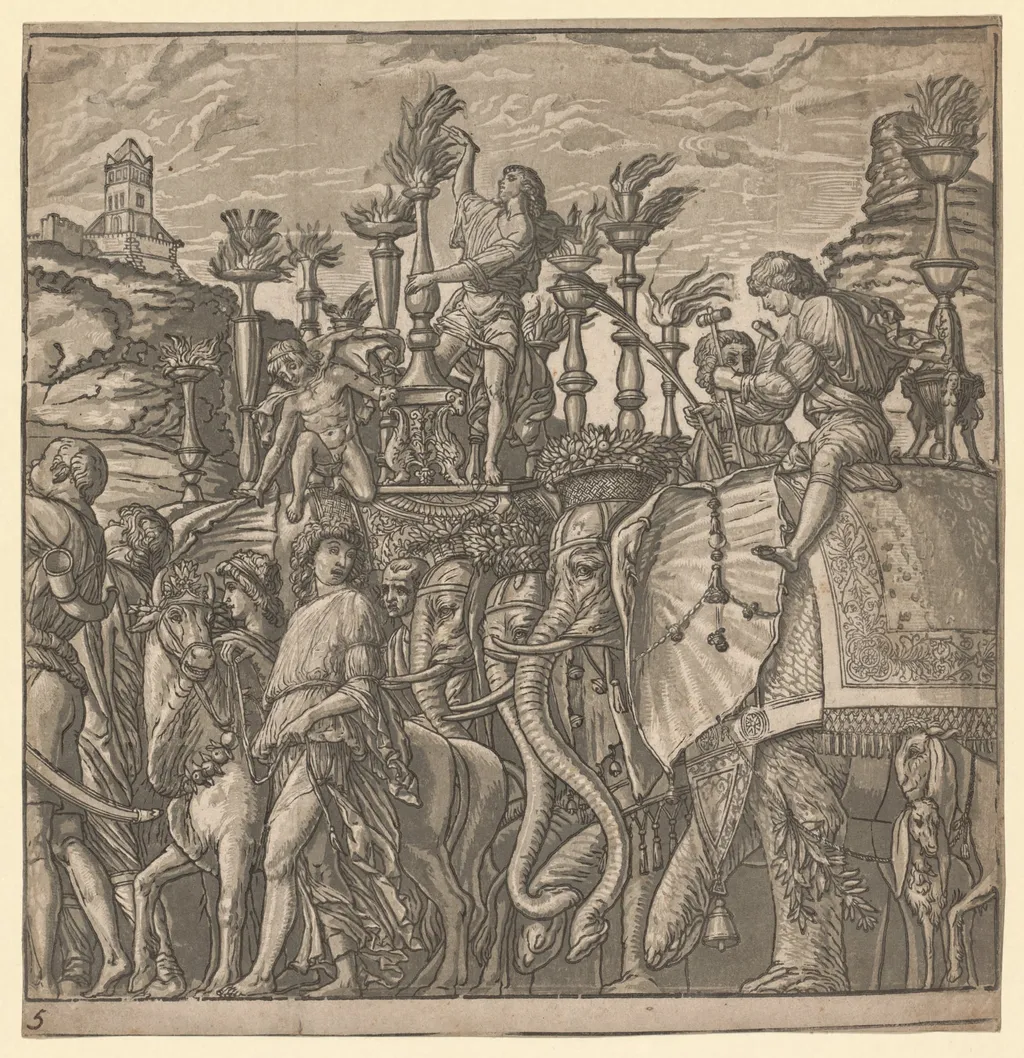 The Triumph of Julius Caesar: Elephants Carrying Torches, by Andrea Andreani, 1596