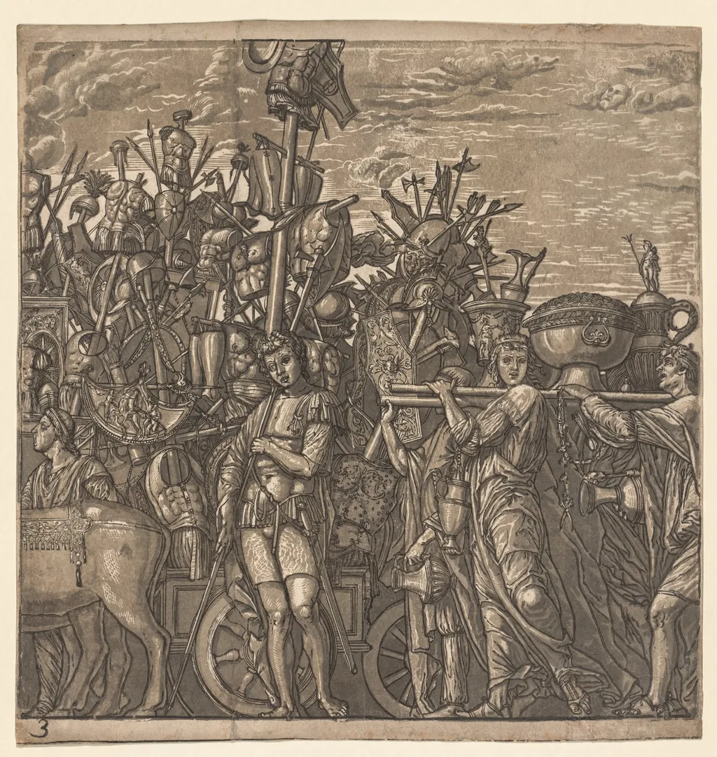 The Triumph of Julius Caesar: Soldiers Marching with Trophies of War, by Andrea Andreani, 1596