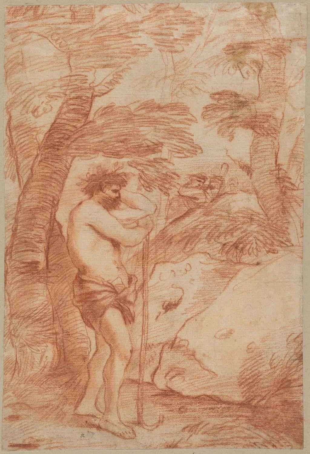 Standing Shepherd in a Landscape, by Andrea De Leone, chalk, 1634