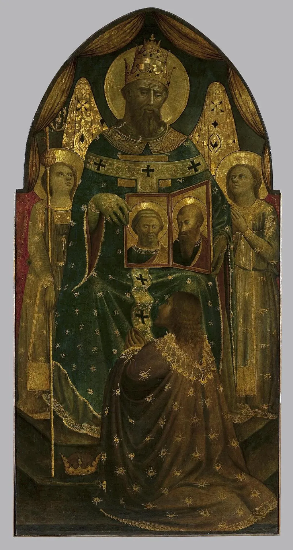 Emperor Constantine in front of Pope Sylvester I Showing Depictions of Sts Peter and Paul (central part of the triptych), by Andrea di Giusto, unspecified, 1450