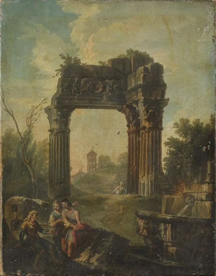 Architekturbild mit Vespasianstempel am Forum Romanum (Kopie nach), by Andrea Locatelli, unspecified, 1700