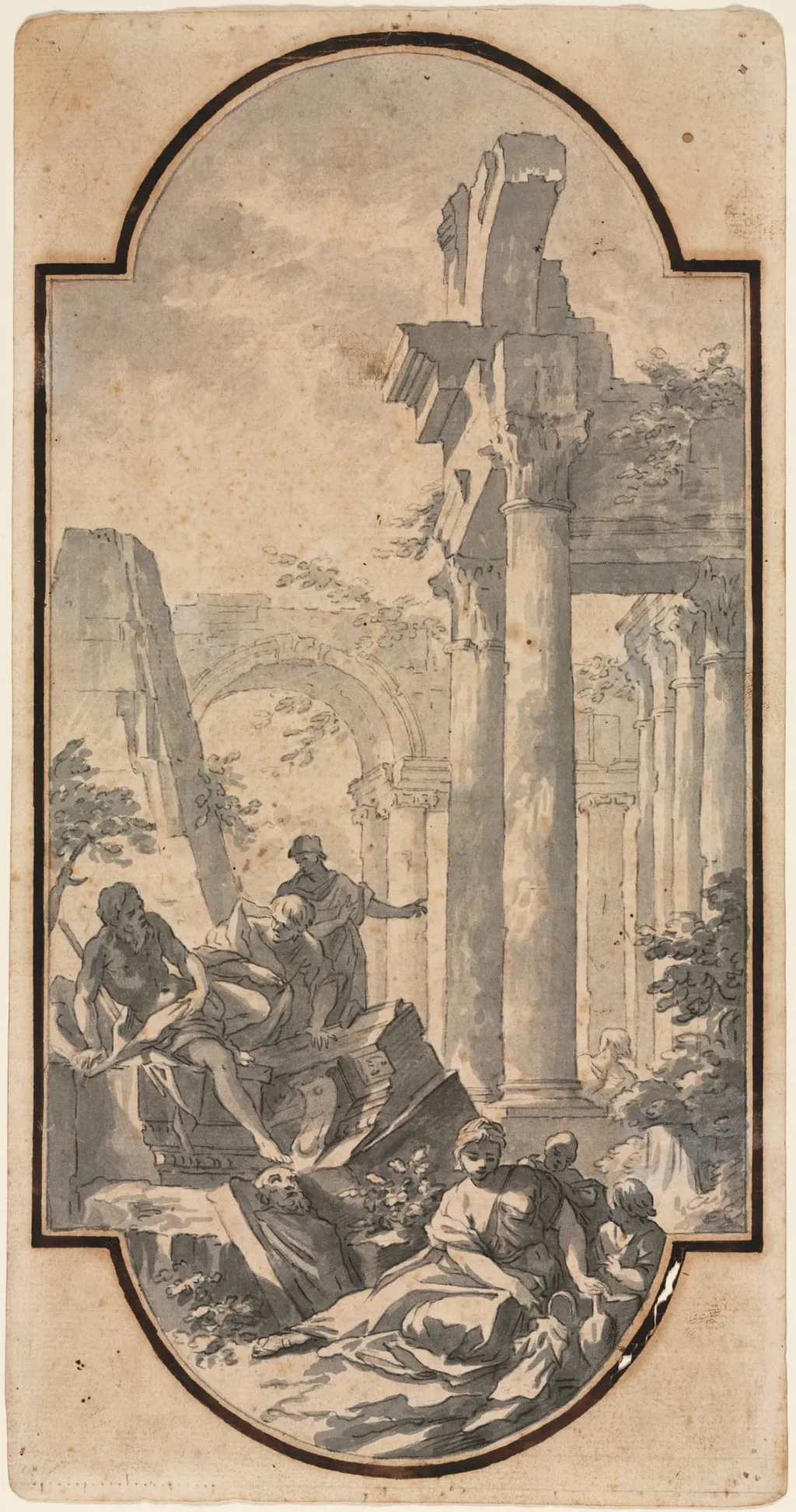Figures Near the Ruins of a Corinthian Temple (recto), by Andrea Locatelli, 1704