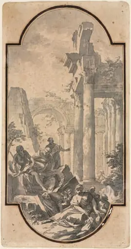 Figures Near the Ruins of a Corinthian Temple (recto), by Andrea Locatelli