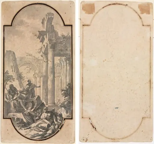 Figures Near the Ruins of a Corinthian Temple (recto); Fragment of an Arch (tracing from recto) (verso), by Andrea Locatelli