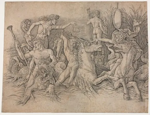 Battle of the Sea Gods - left portion, by Andrea Mantegna